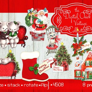 Vintage Weihnachts Clipart, Sofort Download--Weihnachtsmann Clipart, Weihnachtshaus, Bären, Kätzchen--Druckbare PNG Dateien 4508