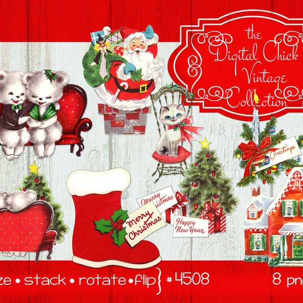 Vintage Christmas clipart, instant download--Santa Claus clipart, Christmas house, little bears, kitten--Printable PNG Files 4508