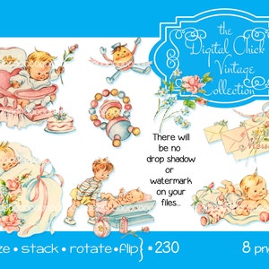Clipart digital, download instantâneo, clipart vintage para bebês, crianças pequenas, menino, cadeira alta, hora da barriga, brinquedos para bebês, arquivos png para impressão 230
