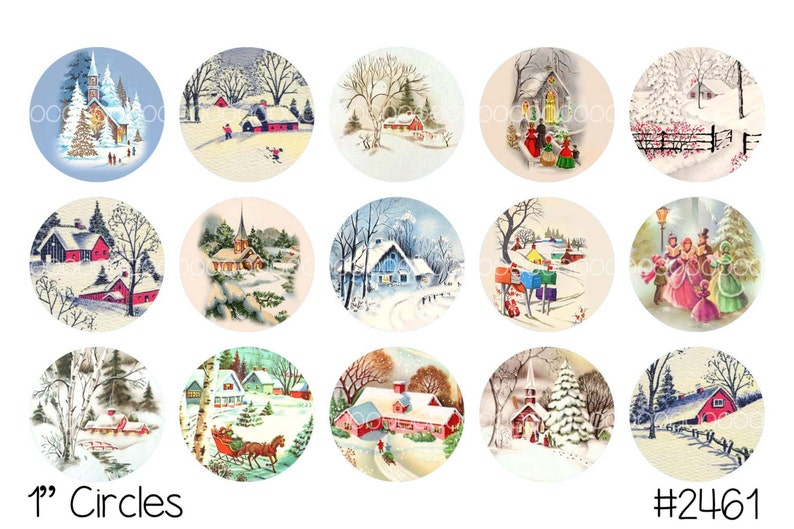 instant download Christmas churches snow scenery pine trees 1 Inch Circles--Digital Collage Sheet 4 by 6 inches 2461 Christmas Clipart