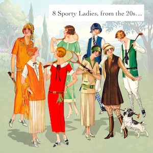 Clipart femmes sportives vintage, clipart numérique, téléchargement immédiat, clipart, dames, tennis, golf, clipart femme, années 1920, 8 fichiers png, 2 jpeg