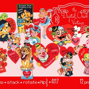 Clipart digital, download instantâneo, clipart vintage de dia dos namorados, leão, tigre, urso, doces, sorvete, pirata, palhaço, macaco - 12 arquivos PNG 4117
