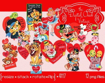 Digital Clipart, Instant Download, Vintage Valentine Clip Art, Lion, tiger, bear, candy, ice cream, pirate, clown, monkey--12 PNG files 4117
