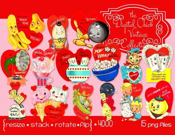 Vintage Valentine Cards Clipart: Retro Valentines PNG Files (Digital Download)