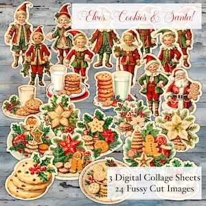 Biscoitos de Natal Fussy Cut, Papai Noel, Elfos, 24 imagens, 3 páginas imprimíveis para cortar, para cartões, scrapbooking, POD e uso comercial está ok