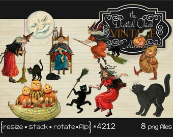 Digital Clipart, Vintage Halloween Clipart--instant digital download--Clip Art, Pumpkins, Black Cats, Witches, printables--8 png files 4212