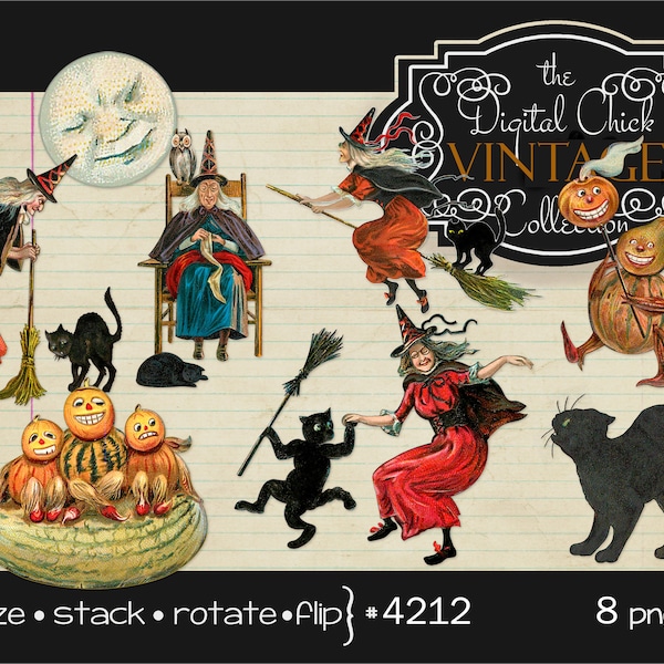 Digital Clipart, Vintage Halloween Clipart--instant digital download--Clip Art, Pumpkins, Black Cats, Witches, printables--8 png files 4212