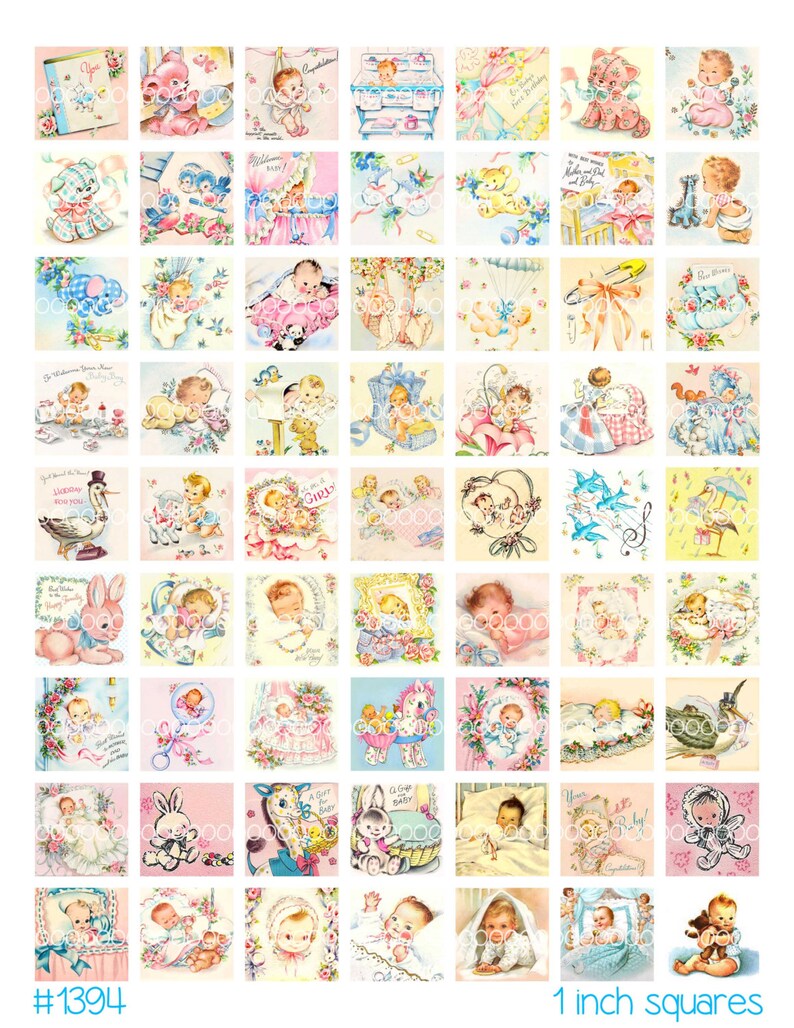 Digital Clipart, instant download, 1 squares new baby clip art vintage babies infant cute Kids jpeg8.5 by 11Digital Collage Sheet 1394 image 1