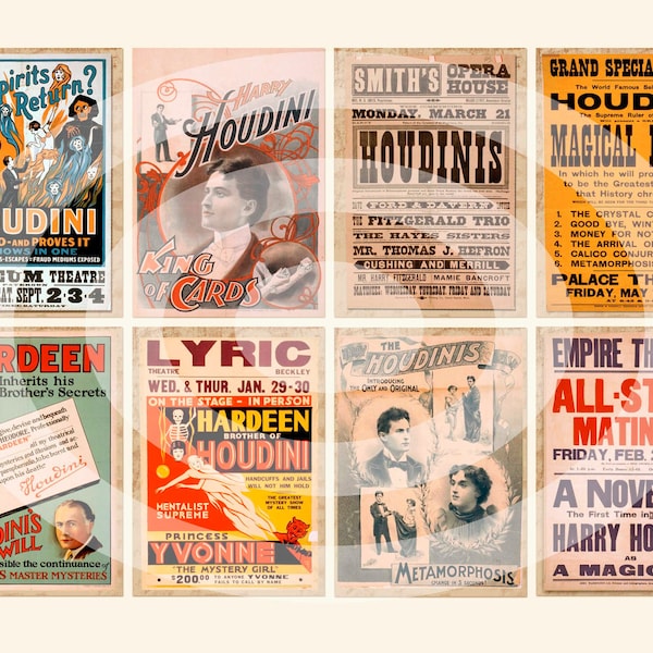 Digital Clipart, Vintage Harry Houdini Posters--instant download--magic magician--Clip Art--ACEO--8.5 by 11--Digital Collage Sheet  462