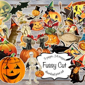 Fussy cut Halloween  images, printable pages, Digital instant download, 24 images, 3 pages to cut, junk journaling, Ephemera, scrapbooking