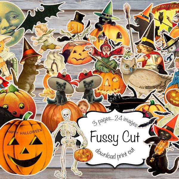 Fussy cut Halloween  images, printable pages, Digital instant download, 24 images, 3 pages to cut, junk journaling, Ephemera, scrapbooking