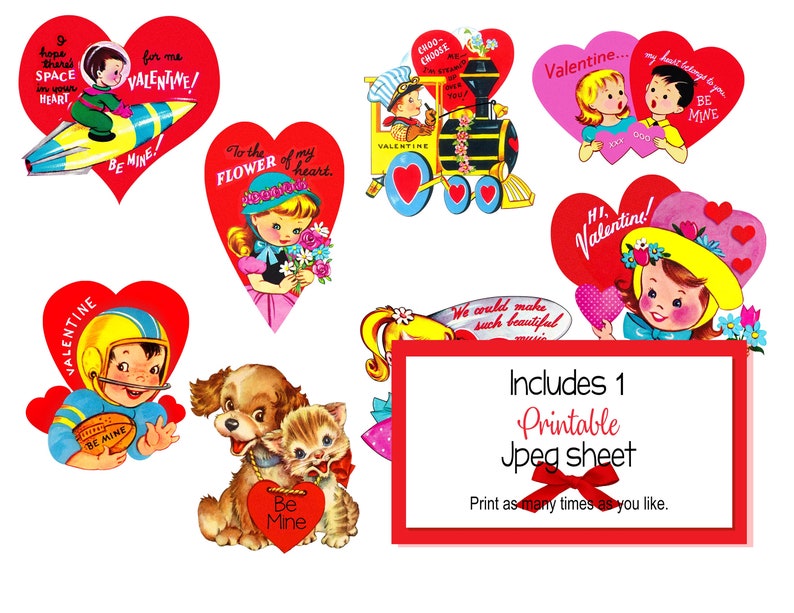 Digital clipart, instant download, Vintage Valentines, Boys and Girls, Rocket, football player, piano player, Train Engine, 8 PNG files 1715 image 2