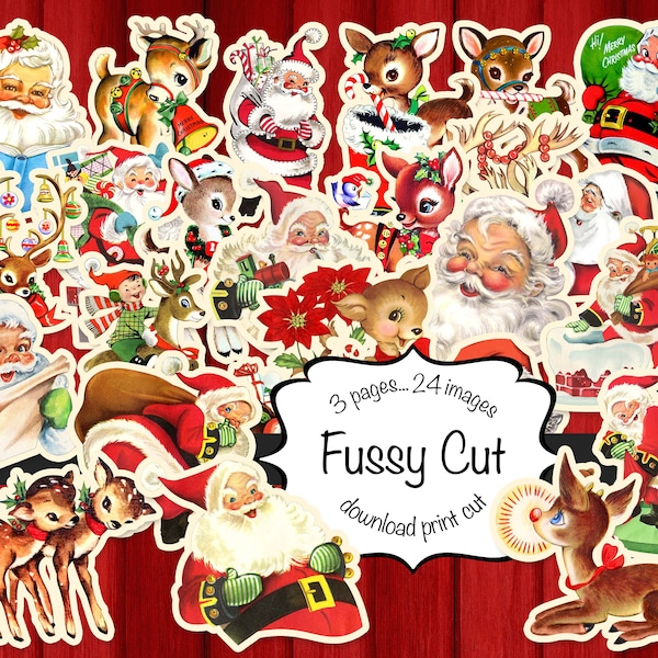 Fussy Cut Christmas  printable pages, Santa, reindeer, digital download, 24 images, 3 pages to cut, junk journaling, Ephemera, scrapbooking