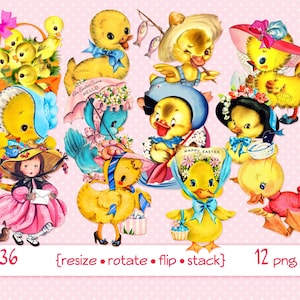 Vintage Ostern digitale Clipart, sofortiger Download, Bilder, Osterküken, Enten bluebirds, Ostermütze, Entlein Clip Art PNG-Dateien 1436