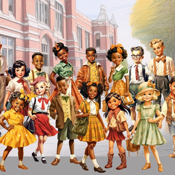 Vintage Retro School Children clipart, little girls and boys, dresses, ties, diverse  1950s school Fashion, scrapbooking PNG JPG files 8020