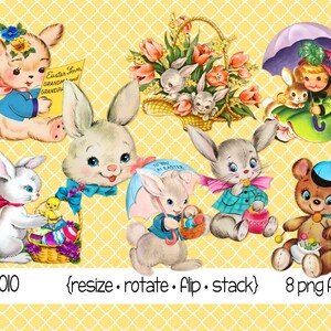 Clipart digital vintage de Páscoa, download instantâneo, coelhinhos da Páscoa, coelhos, pintinho, urso, menina, cesta de ovos, tulipas - arquivos PNG 5010