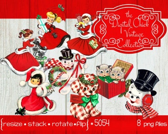 Vintage Christmas images Digital Clipart, instant download, girls, puppy, Kitty, snowman--Printable PNG Files 5054