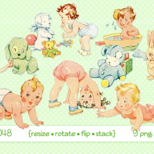 Clipart digital, download instantâneo, clipart vintage de bebê, crianças, cachorro, menina, gatinho, brinquedos de bebê menino, arquivos png para impressão de urso 4048