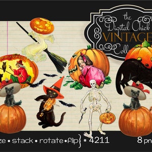 Vintage Halloween Clipart: Pumpkins, Cats, Witch, Ghost (PNG, JPEG, Commercial Use)
