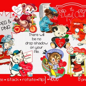 Namorados vintage, clipart digital, bichos de pelúcia, cachorrinho, gatinho, ursinho de pelúcia, primeiro dia dos namorados do bebê, professor Clip Art - arquivos PNG 4606