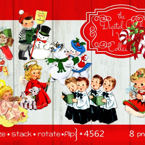 Digital Clipart, instant download, Vintage Christmas Card Images--Angels, choir, children, snowman, mailbox, kitty--Printable PNG Files 4562