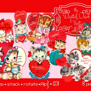 Digital clipart, instant download, Vintage Kitten Valentine Clip Art, baby&#39;s first valentines, kitty cat cats hearts--PNG files 1231