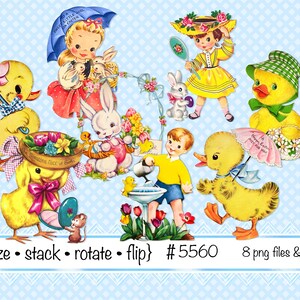 Clipart numérique de Pâques vintage, téléchargement instantané, canards de Pâques, poussins, petite fille, petit garçon, parapluie, lapin, souris - fichiers PNG 5560