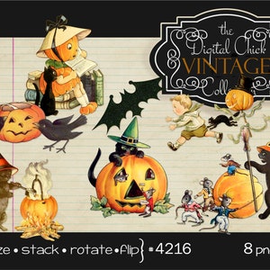 Digital Clipart, Vintage Halloween Clipart images --Pumpkins, Black Cats, Witch, Children, printable --8 PNG Files, 1 JPEG, commercial use