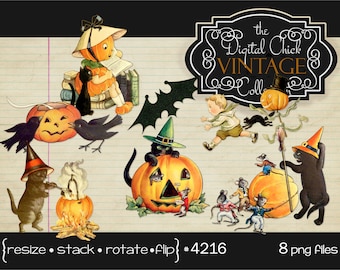 Digital Clipart, Vintage Halloween Clipart--Pumpkins, Black Cats, Witch, Children, printable halloween ephemera--PNG Files--8 Images 4216