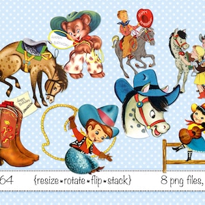 Vintage kinderverjaardag clipart, cowboy, cowgirl, paard, pony, lassotouw, cowboylaarzen western verjaardagsfeestje kinderen png-bestanden 4464