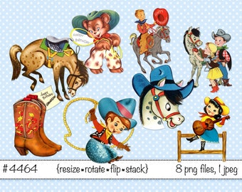 Vintage Children's Birthday clipart, Cowboy, Cowgirl, horse, pony, lasso rope, cowboy boots children western birthday party  PNG files 4464
