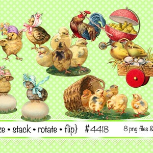 Wielkanoc Clipart, natychmiastowe pobieranie cyfrowe, Vintage Easter, jajka, kurczaki, czapeczki, kogut, koszyk, wózek — pliki PNG 4418