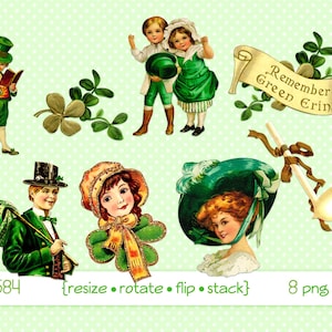 St Patrick's Day Digitale clipart, instant download, Afbeeldingen -- Ierse vrouwen mannen kinderen, dans, shamrock, jig, groene hoge hoed -- 8 png bestanden 4584