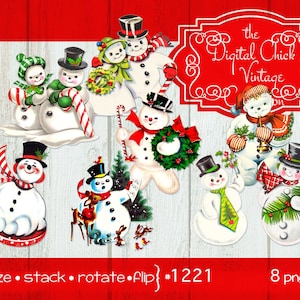 Vintage Christmas Snowman Clipart: Printable PNG Files
