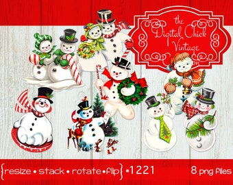 Vintage Christmas Snowman Clipart: Printable PNG Files