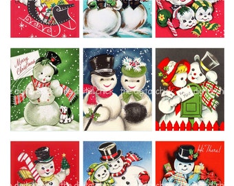 Digital Clipart, instant download, Vintage Christmas Card, snowman, snow couples, candy canes, mail--8.5 by 11--Digital Collage Sheet  1365