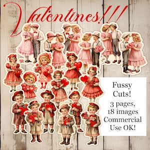Fussy Cut Valentine Kinder, printable Seiten Kleine Mädchen und kleine Jungen, süße Paare, digitaler Download, 18 Bilder, 3 Seiten zum ausdrucken und ausschneiden