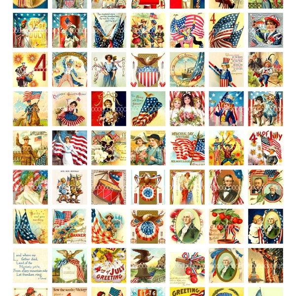 Digital Clipart, instant download vintage 4th of July, 1 inch squares, George Washington American flag--digital collage sheet (8.5by11) 1776