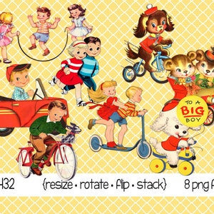 Vintage Kindergeburtstag Clipart, kleines Mädchen, Junge, Fahrrad, Trike, Roller, Auto, Seilspringen, Seil springen, Rollschuhlaufen, PNG Dateien 4432