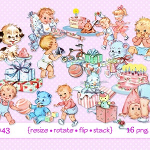 Clipart digital, download instantâneo, clipart vintage para bebês, crianças, infantil, festa de aniversário de bebê, brinquedos para bebês, 16 arquivos para impressão png 4043