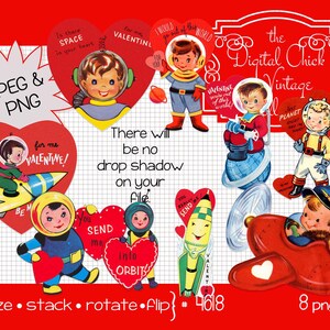 Vintage Valentines, clipart digital, descarga instantánea, niño pequeño San Valentín, astronauta, hombre del espacio, corazón, cohete, avión - PNG archivos 4618