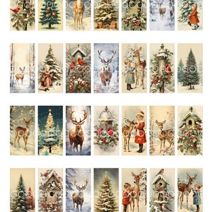 Clipart de Noël, domino de 1 x 2 pouces, feuille de collage numérique imprimable de vacances, impression pour pendentifs, mangeoire pour oiseaux, enfants, cerfs, scène de neige