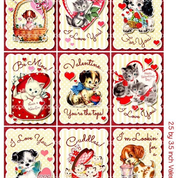 Digital Clipart, instant download, Valentines cards, tags for kids, puppy dog, kittens, cats, Digital Collage Sheet (8.5 by 11 inches) 1952