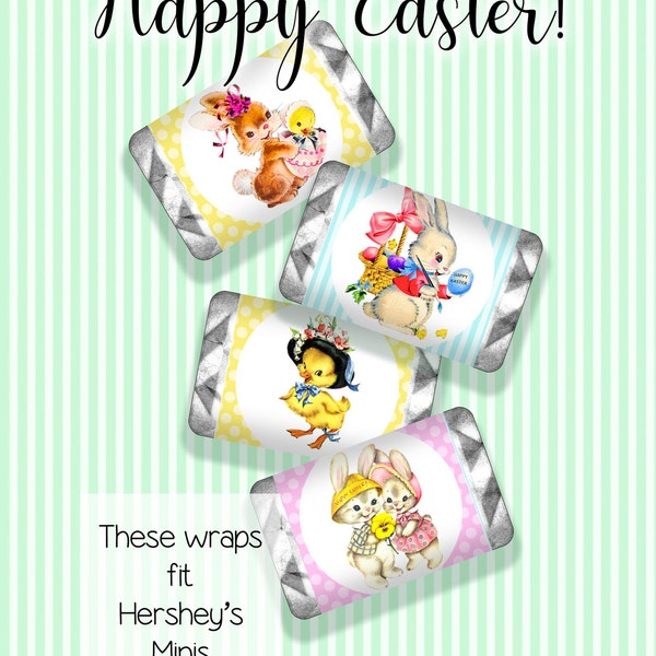 Easter Candy Bar Wrappers--bunny rabbit, Easter Basket filler, Easter chicks, 45 ct, 3 page printable--8.5 by 11--Digital Collage Sheet 4020