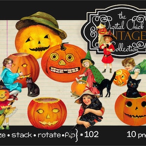 Digital Clipart, Vintage Halloween Clipart --Pumpkins, Black Cats, Witch, Children, printable —10 png files, 1 JPEGs , commercial use
