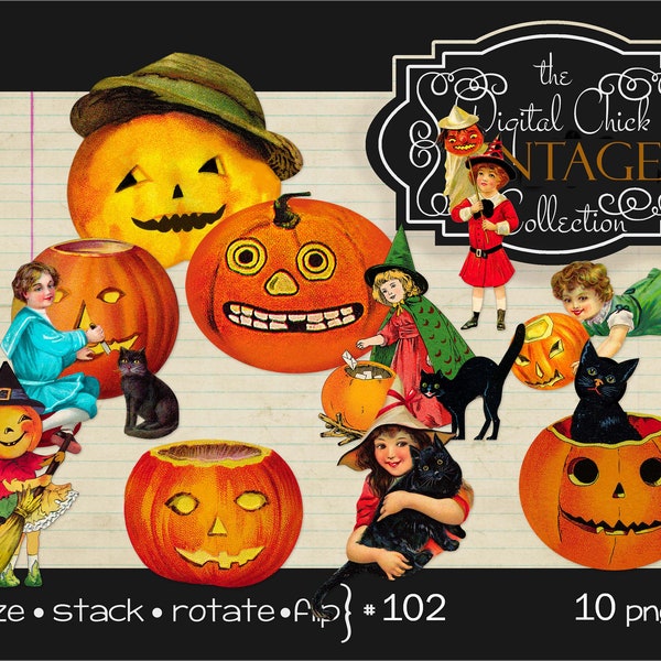 Digital Clipart, Vintage Halloween Clipart--Pumpkins, Black Cats, Witch, Children, printable ephemera, children--PNG Files--10 Images   102