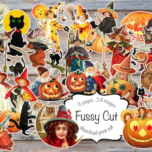 Fussy cut Halloween  images, printable pages, Digital instant download, 24 images, 3 pages to cut, junk journaling, Ephemera, scrapbooking