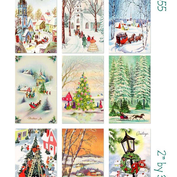 Digital Clipart, instant download, Vintage Christmas Card Images--snow pine trees sleigh church tree--8.5 by 11--Digital Collage Sheet 1355