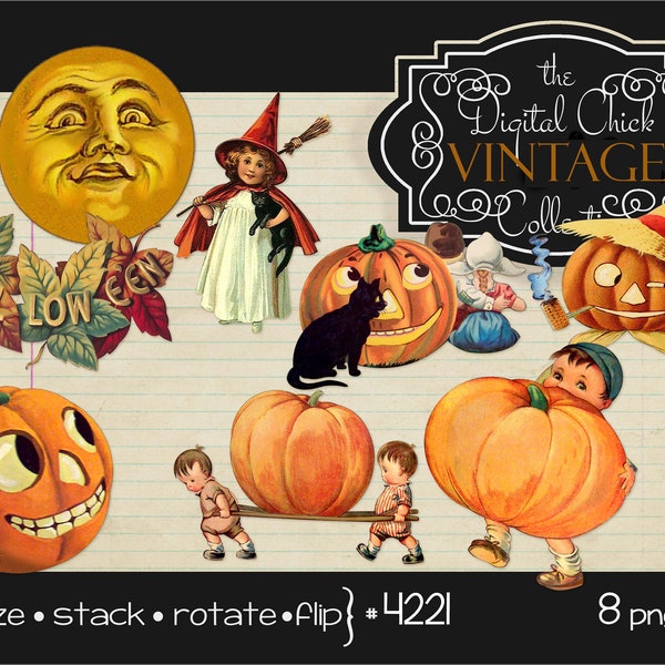 Digital Clipart, Vintage Halloween Clipart--Cute Witch, Pumpkins, Black Cat, moon, children, fall leaves--printable PNG Files--8 Images 4221