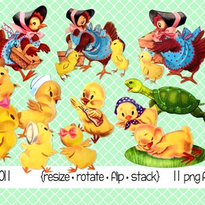 May include: A set of 11 digital clipart images featuring Easter chicks, hens, and a turtle. The chicks are yellow with various expressions and accessories. The hens are wearing bonnets and dresses. The turtle is green and has a friendly expression. The images are perfect for crafting, scrapbooking, and other creative projects.